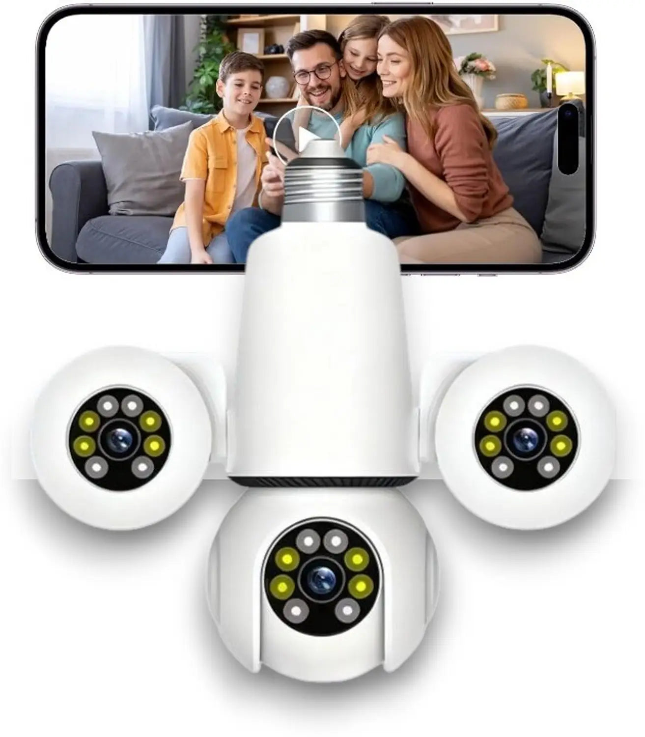 Three Lens Rotatable WiFi IP Camera HD 3MP+3MP+3MP Bulb socket camera | E27-3P Camera
