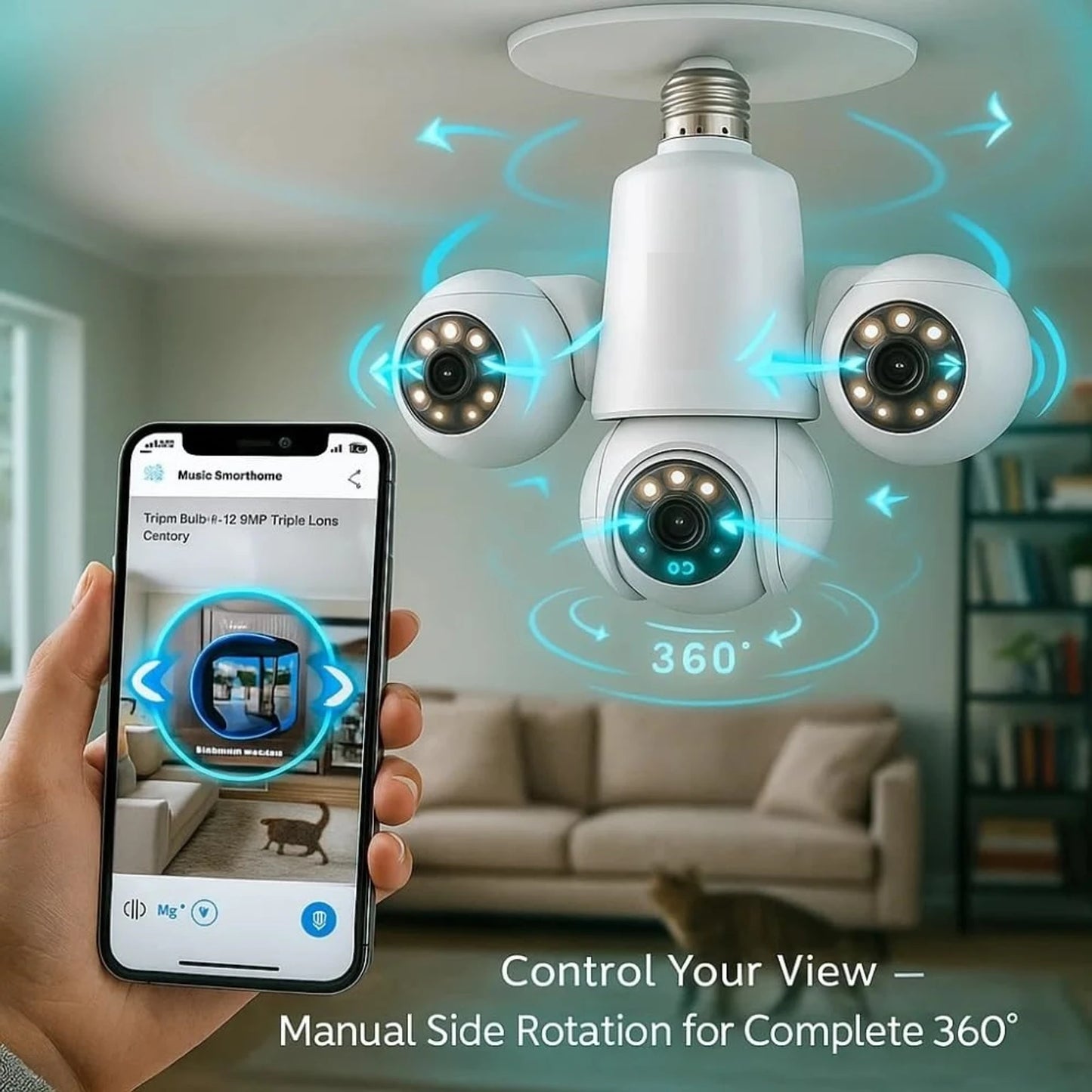 Three Lens Rotatable WiFi IP Camera HD 3MP+3MP+3MP Bulb socket camera | E27-3P Camera