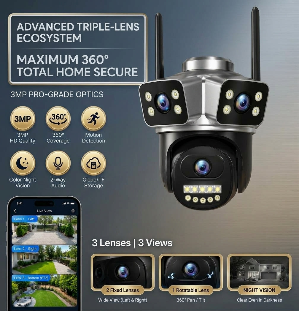 3-Lens WiFi Outdoor Security Camera
