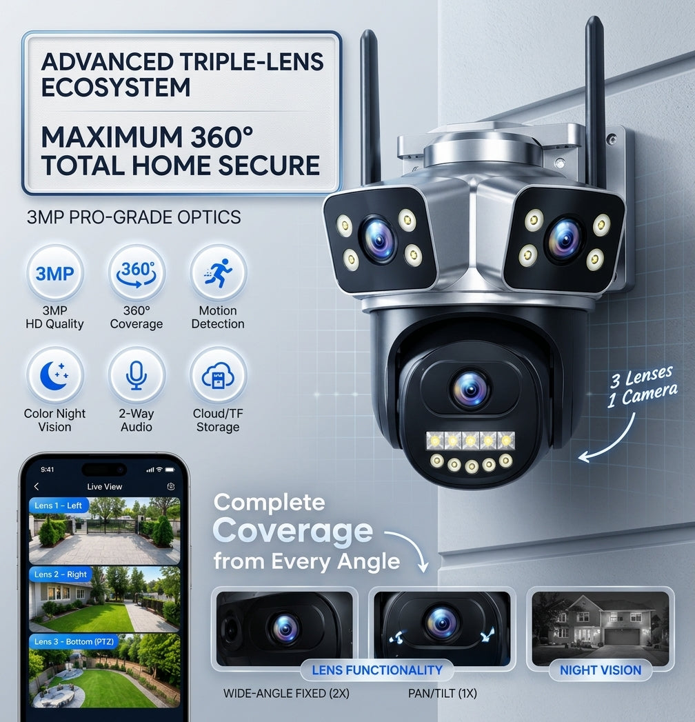 3-Lens WiFi Outdoor Security Camera
