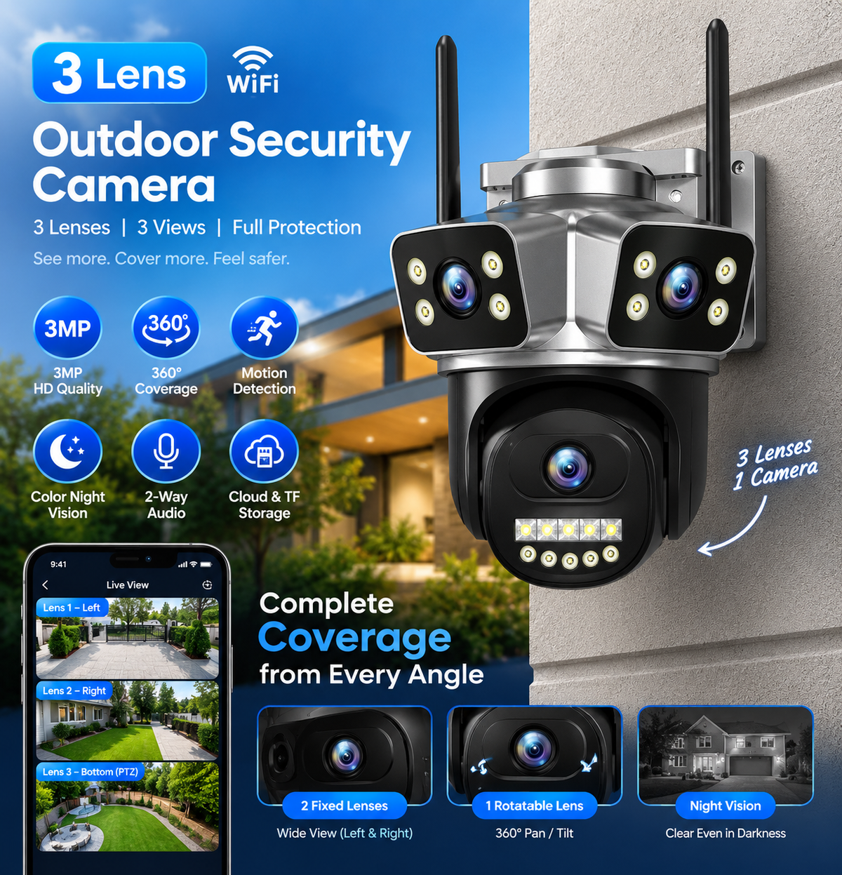 3-Lens WiFi Outdoor Security Camera